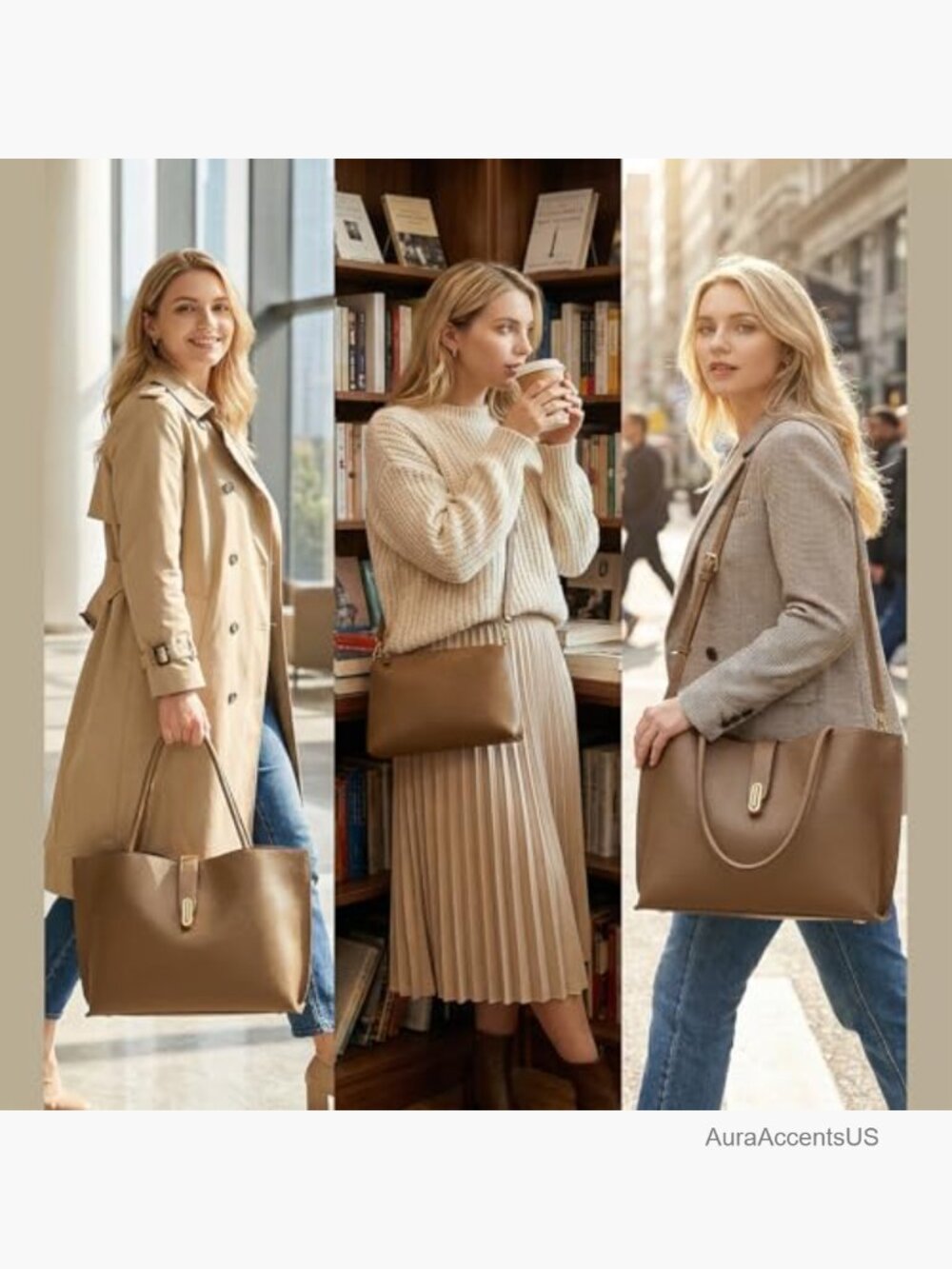 Large Vegan Leather Tote Bag with Removable Pouch, 2-in-1 Work & Travel - Picture 2 of 7